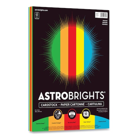 Astrobrights Color Cardstock, 65 lb Cover Weight, 8.5 x 11, Assorted Primary Colors, PK50, 50PK 99325-02